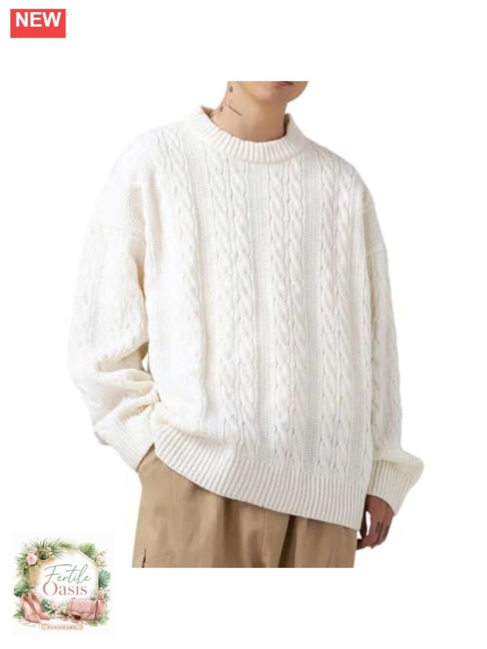 Vintage Chunky Cable Knit Sweater Oversized Crewneck Long Sleeve Pullover Top